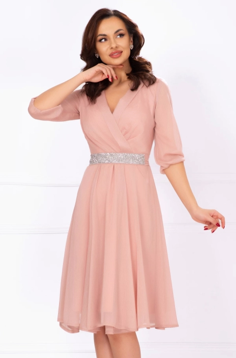 Rochie de soacra in clos rose cu cordon stralucitor in talie