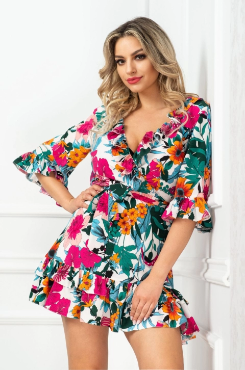 Rochie de vara InPuff scurta cu volane si imprimeu tropical
