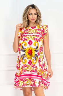 Rochie de vara lejera cu volanase la maneca si imprimeu fucsia