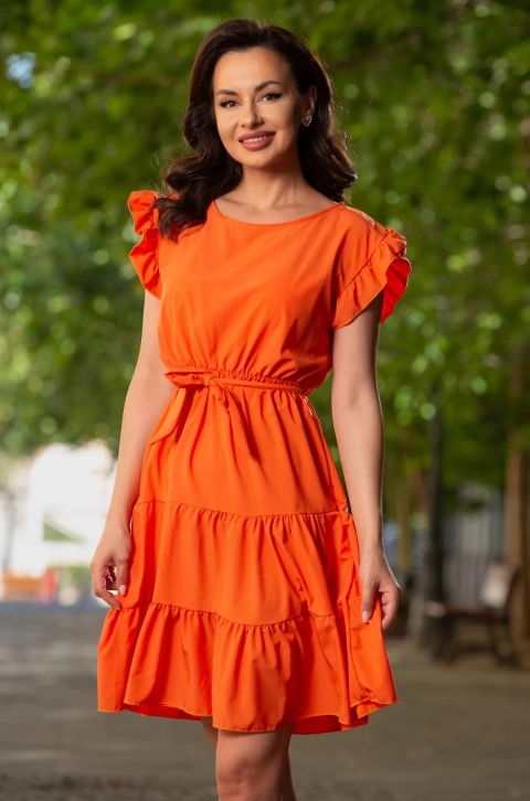 Rochie de vara orange in clos cu volanase la umeri