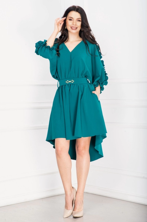 Rochie de zi asimetrica turquoise cu volan pe maneca si funda aurie
