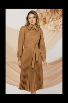 Rochie de zi camel Pretty Girl cu pliseuri