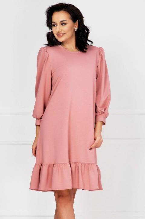 Rochie de zi din bumbac rose cu volan la terminatie