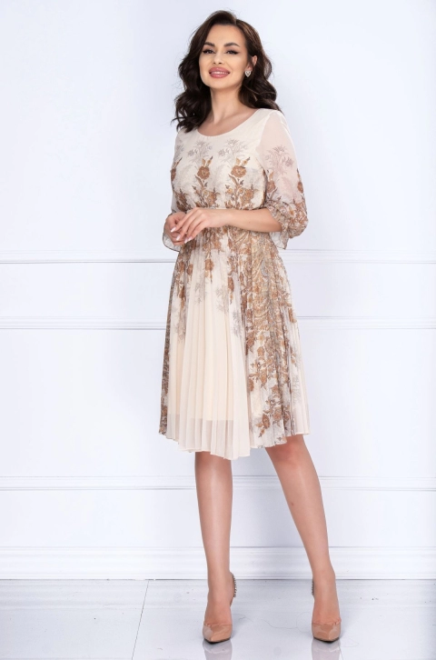 Rochie de zi din voal plisat Nicole bej cu imprimeu floral