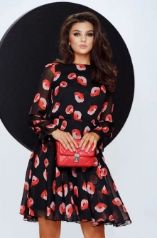 Rochie de zi Fofy in clos din voal cu imprimeu maci