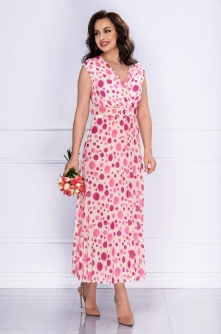 Rochie de zi Laura din voal plisat cu buline roz