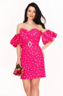 Rochie de zi Layla ciclame cu buline si maneci gogosar