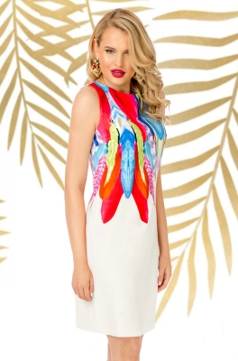 Rochie de zi Pretty Girl alba cu imprimeu pene multicolore