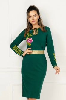 Rochie de zi Venezia verde cu broderie florala si cordon detasabil in talie