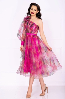 Rochie diafana de ocazie fuchsia Ellen cu imprimeu tip pictura