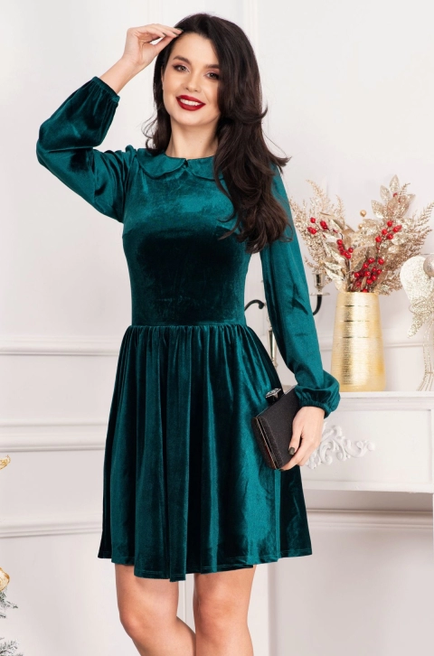 Rochie din catifea Fiolla verde in clos cu guler
