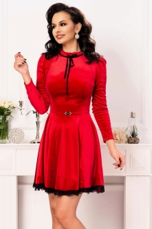 Rochie din catifea premium Noelle rosie in clos cu guler cret