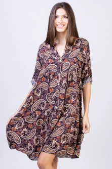 Rochie din vascoza cu volan si imprimeu arabesque pe fond maro