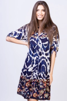 Rochie din vascoza cu volan si imprimeu Tie Dye bleumarine