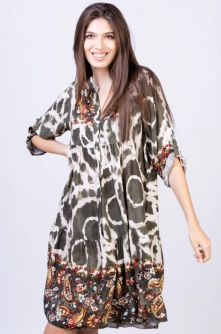 Rochie din vascoza cu volan si imprimeu Tie Dye, kaki