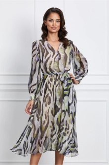 Rochie Dorika lila cu imprimeu verde si cordon in talie