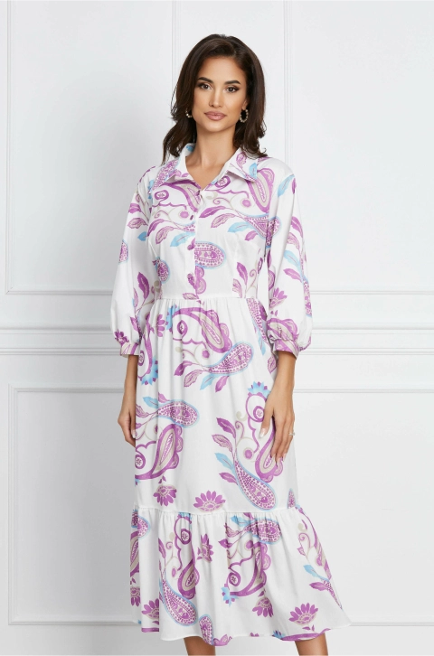 Rochie Dorina alba cu imprimeuri fucsia