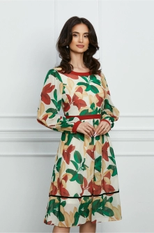 Rochie Dorina ivory cu frunze maro si pliuri pe fusta