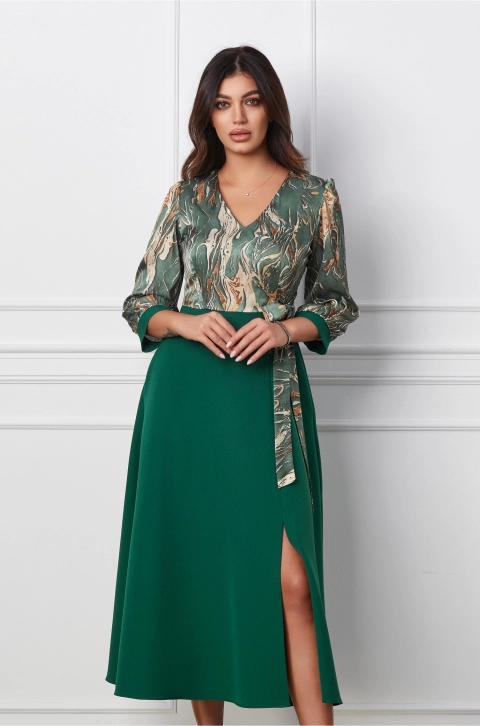 Rochie Dorina verde cu imprimeu bej la bust