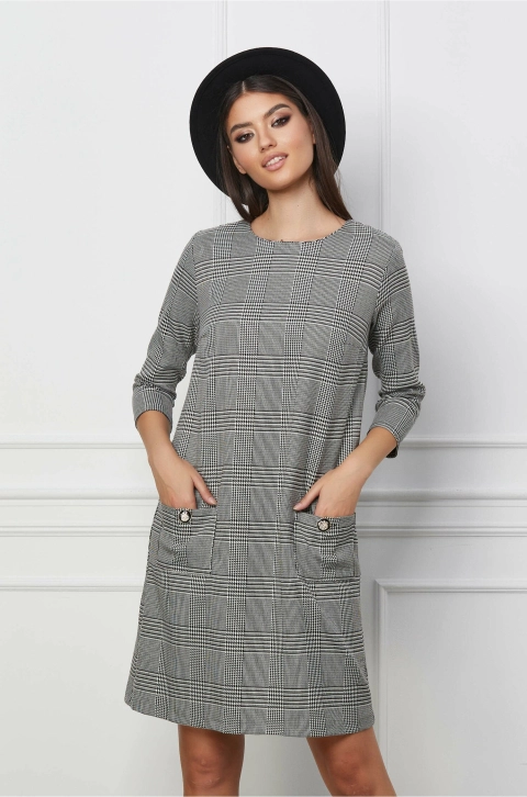 Rochie Dy Fashion cu imprimeu pepit alb-negru si buzunare