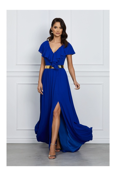 Rochie Dy Fashion Gaby lunga albastra cu volanase la decolteu si curea in talie