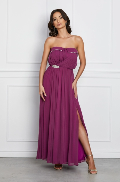 Rochie Dy Fashion lunga mov pruna cu accesoriu in talie