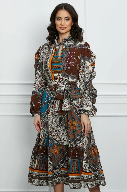Rochie Dy Fashion maro cu imprimeuri albe si cordon in talie