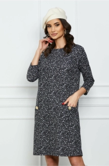Rochie Dy Fashion neagra cu flori si nasturi la buzunare