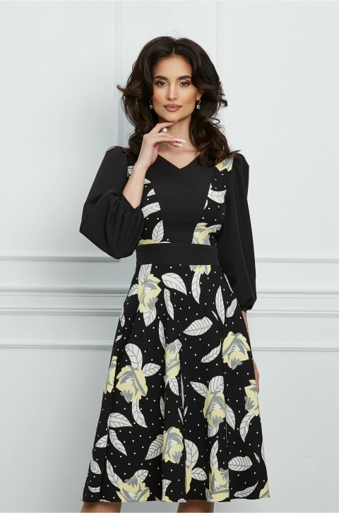 Rochie Dy Fashion neagra cu imprimeu galben tip sarafan