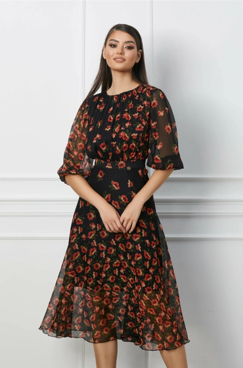 Rochie Dy Fashion neagra din voal cu flori corai