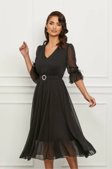 Rochie Dy Fashion neagra din voal cu pene la maneci