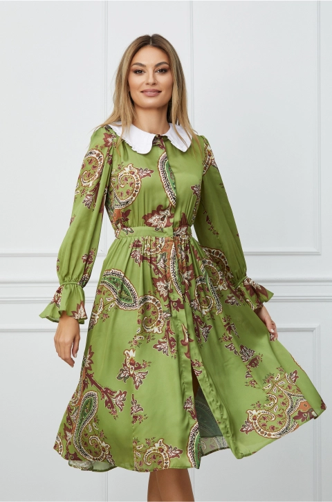 Rochie Dy Fashion olive cu imprimeu maro si guler alb