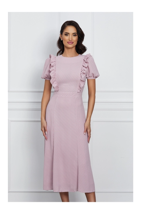Rochie Dy Fashion roz cu buline si volanase la bust
