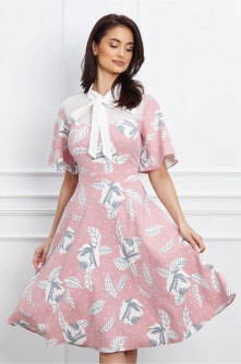 Rochie Dy Fashion roz cu imprimeu si bust din voal
