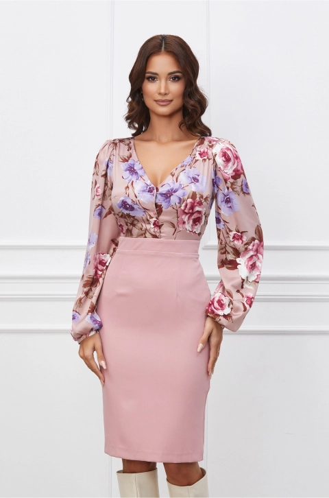 Rochie Dy Fashion roz cu imprimeuri florale lila la bust