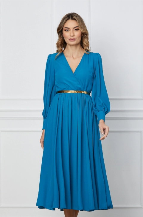 Rochie Dy Fashion turcoaz cu decolteu petrecut si curea in talie