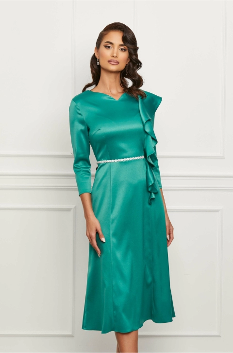 Rochie Dy Fashion turcoaz cu volan la bust si accesoriu in talie