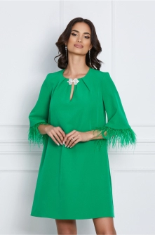 Rochie Dy Fashion verde deschis cu accesoriu la decolteu si pene la maneci