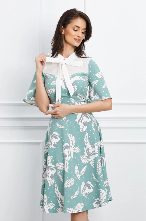 Rochie Dy Fashion verde mint cu imprimeu si bust din voal