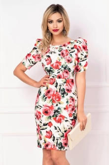 Rochie Effect alba conica cu imprimeu trandafiri si maneca creata