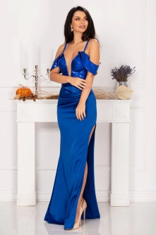 Rochie eleganta albastru royal lunga Simina cu paiete si inchidere tip corset