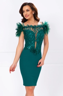 Rochie eleganta Azaleea cambrata verde cu broderie pretioasa si fulgi