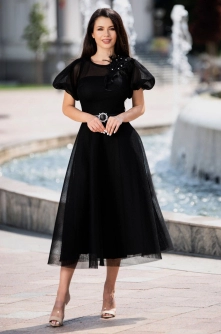 Rochie eleganta Casilda neagra din plasa 3D cu maneci gogosar