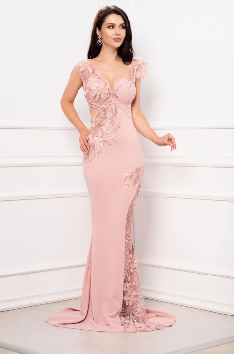 Rochie eleganta de seara sirena Fabrizia roz cu flori 3D brodate