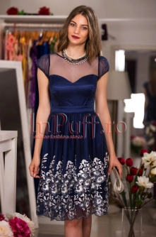 Rochie eleganta de seara tul bleumarin brodat in partea de jos