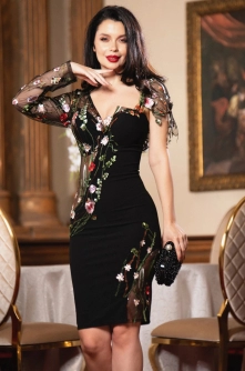 Rochie eleganta Edith de seara cu maci brodati si decupaje indraznete