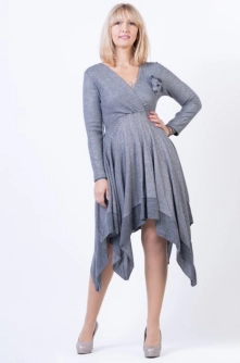 Rochie eleganta gri, in colturi, cu lurex argintiu