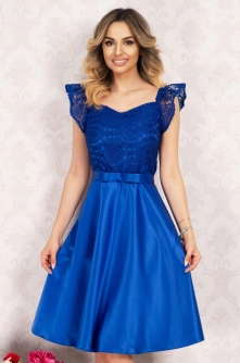Rochie eleganta InPuff de ocazie albastra cu broderie aplicata si funda