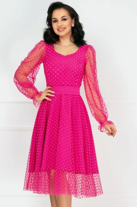 Rochie eleganta InPuff de ocazie ciclam acoperita de tulle cu buline