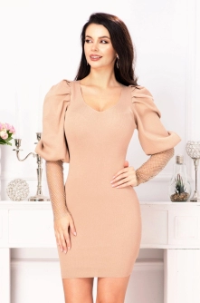 Rochie eleganta Irisha camel cu maneci pretioase